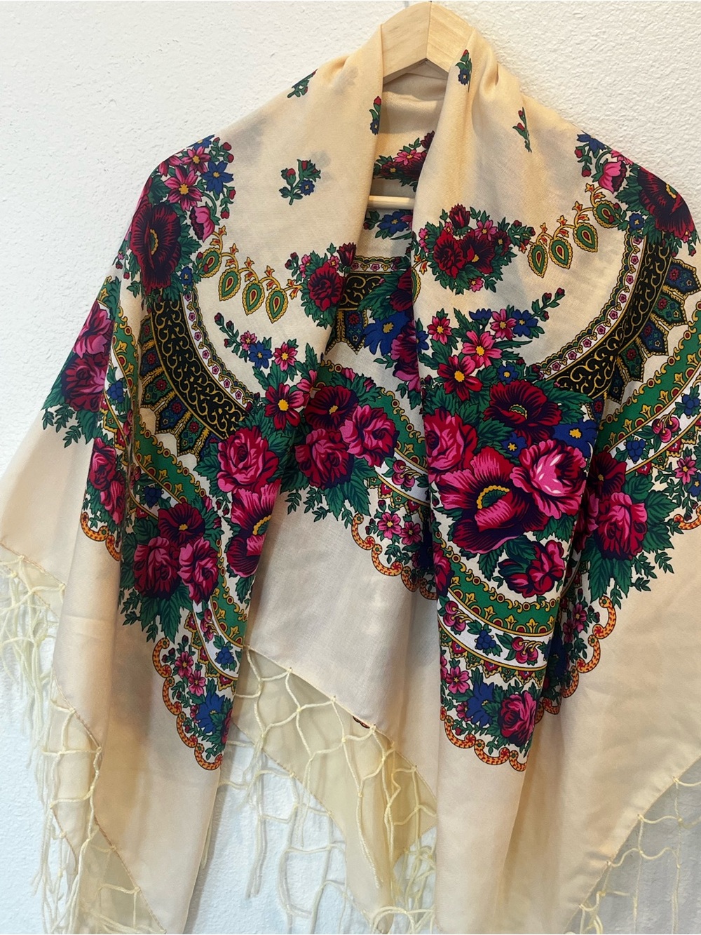 Floral Ivory Shawl Scarf with Pink & Green Accents